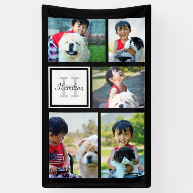 Custom Monogrammed 5 Photo Mosaic Picture Collage Banner (Vertical)