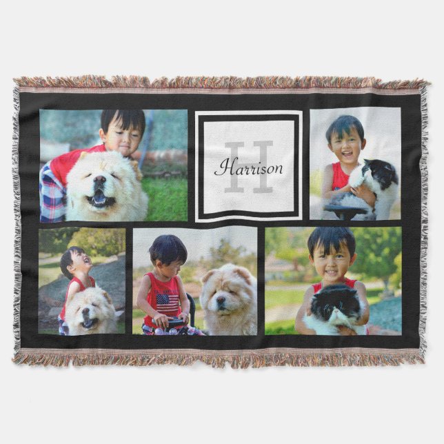 Custom Monogrammed 5 Photo Mosaic Picture Collage Throw Blanket (Front)