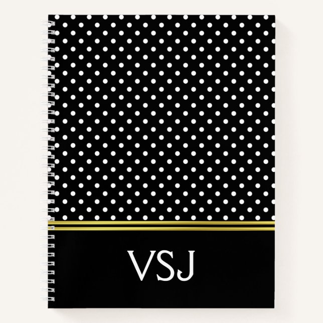 Custom Monogrammed Black and White Polka Dot Notebook (Front)
