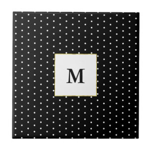 Custom Monogrammed Black and White Polka Dot Tile