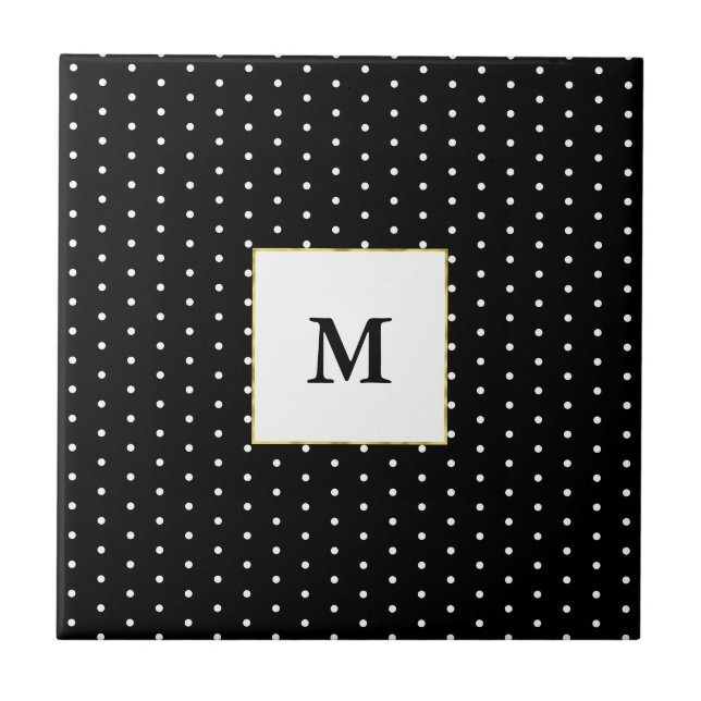 Custom Monogrammed Black and White Polka Dot Tile (Front)