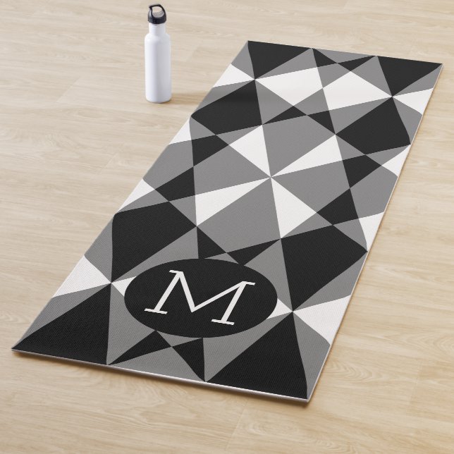 Custom Monogrammed Black White Squares Mosaic Art Yoga Mat (In Situ)