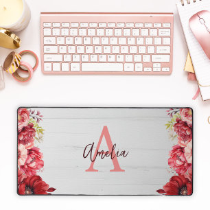 Custom Monogrammed Elegant Red Flower Desk Mat