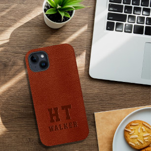Custom Monogrammed Embossed Brown Vegan Leather Case-Mate iPhone 14 Plus Case