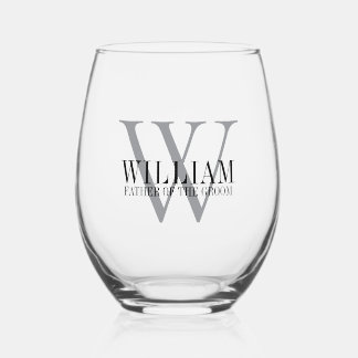 Custom Monogrammed Father of the Groom Stemless Wine Glass