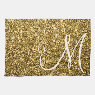 Custom Monogrammed Faux Gold Glitter Sparkle Tea Towel