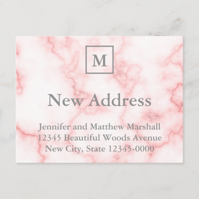Custom Monogrammed Faux Pink Marble New Address Postcard (Front)