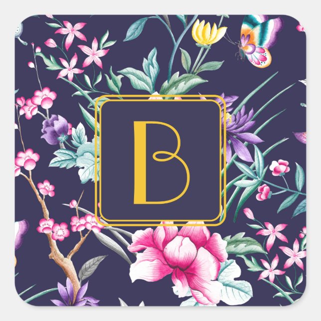 Custom Monogrammed Floral  Square Sticker (Front)