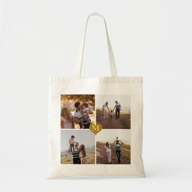 Custom Monogrammed Gold Heart 4 Photo Collage Tote Bag (Front)