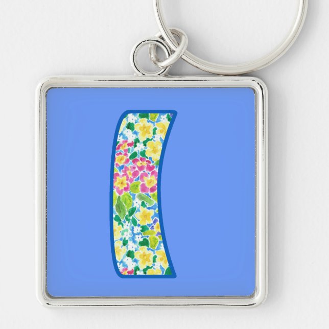 Custom Monogrammed I Keychain, Primroses Pattern Key Ring (Front)