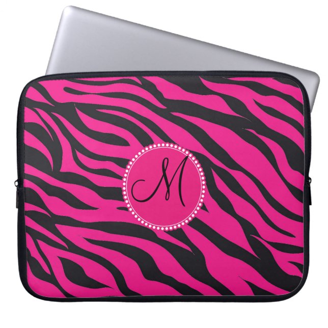 Custom Monogrammed Initial Hot Pink Black Zebra Laptop Sleeve (Front)