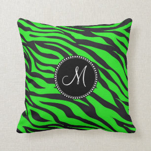 Custom Monogrammed Initial Neon Green Black Zebra Cushion