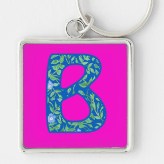Custom Monogrammed Keychain, Blue Floral Pattern Key Ring