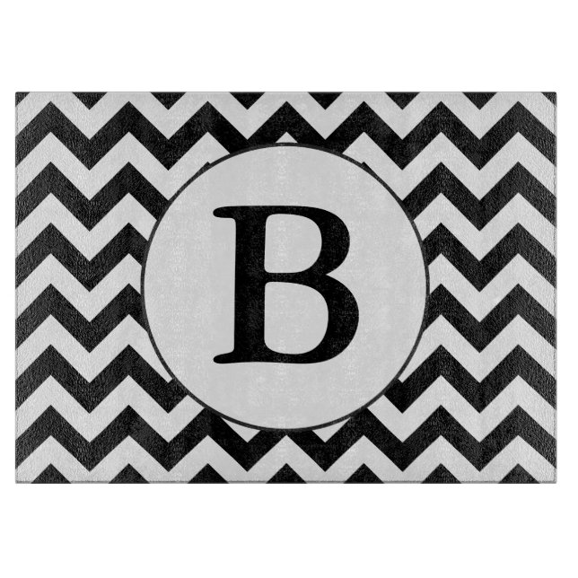 Custom Monogrammed Large Black Chevron Design Cutting Board (Front)