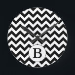 Custom Monogrammed Large Black Chevron Design Round Clock<br><div class="desc">This product features a classic large black and white chevron  zig-zag design with a personalised monogram initial. You can customise the initial or add your own text on the product order page.</div>