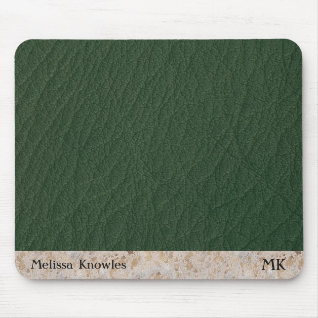 Custom Monogrammed Masculine Modern Green Leather Mouse Mat (Front)