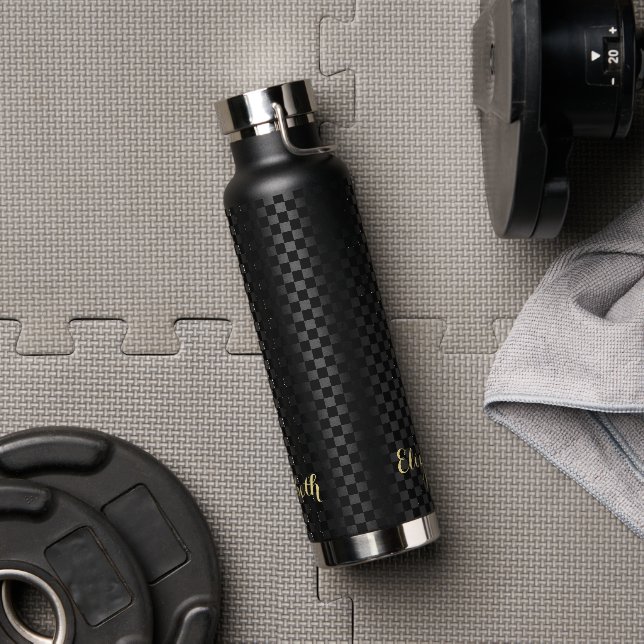 Custom Monogrammed Modern Black Chequered Pattern Water Bottle (Gym)