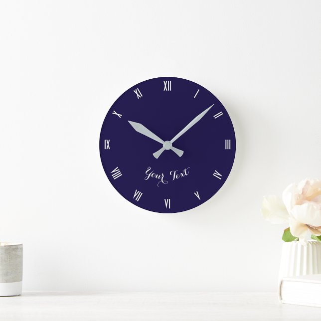 Custom Monogrammed Modern Elegant Navy Blue Silver Round Clock (Custom Monogrammed Modern Elegant Navy Blue Silver Round Clock)