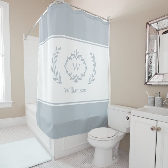 Custom Monogrammed Name Initial Trendy Blue White Shower Curtain (In Situ)