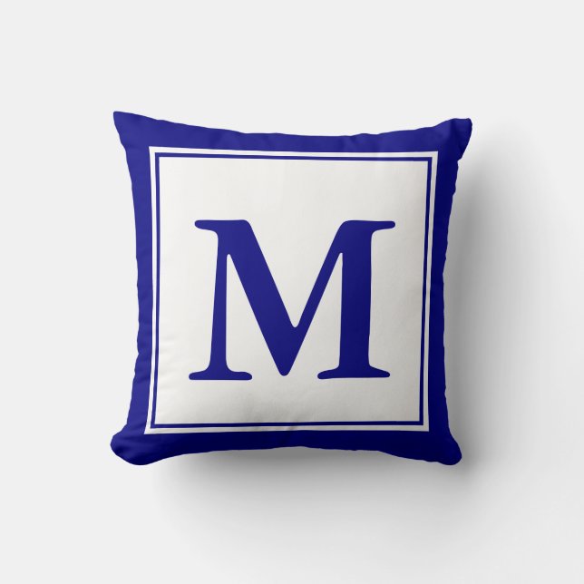 Custom Monogrammed Navy Blue and White Cushion (Front)