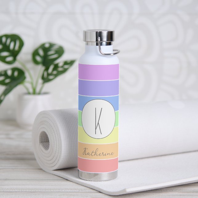 Custom Monogrammed Pastel Rainbow Colourful Stripe Water Bottle (Yoga)