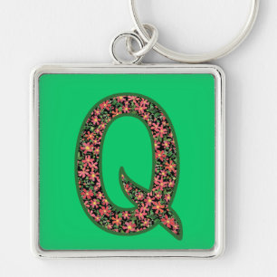 Custom Monogrammed Q Keychain, Primroses Pattern Key Ring
