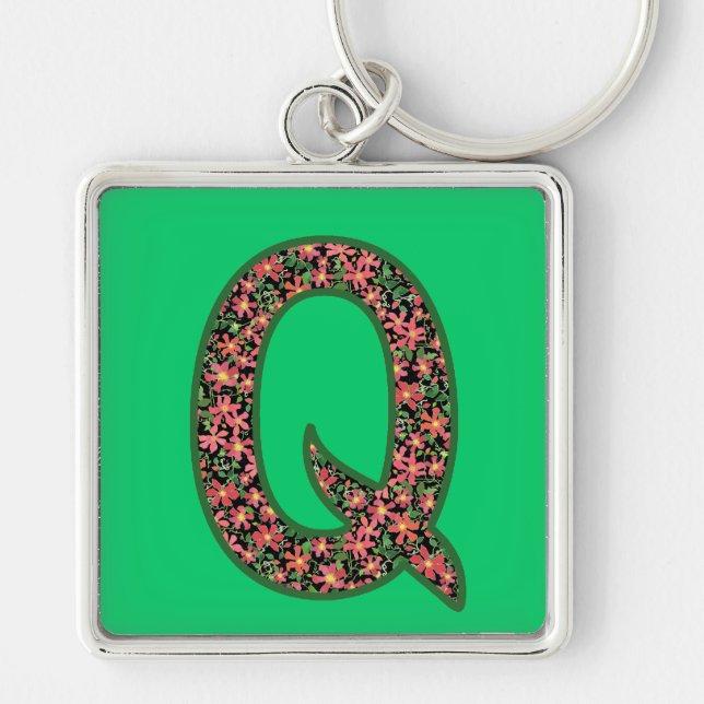 Custom Monogrammed Q Keychain, Primroses Pattern Key Ring (Front)