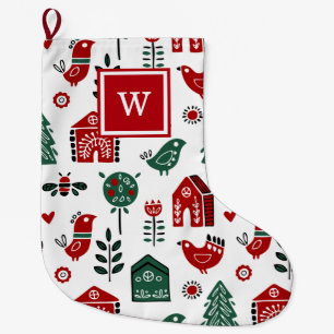 Custom Monogrammed Red and Green Scandinavian Large Christmas Stocking