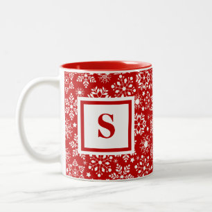 Custom Monogrammed Red Snowflakes Christmas Two-Tone Coffee Mug