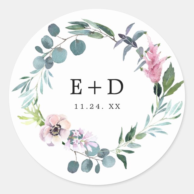 Custom Monogrammed Romantic Blossoms Wedding  Classic Round Sticker (Front)
