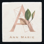 Custom Monogrammed Rose Gold Floral Initial  Stone Coaster<br><div class="desc">The letter A - a beautiful monogram initial in rose gold embellished with an exquisite watercolor floral and geometric shape pattern.  Ideal gift and keepsake idea for your favourite bridesmaid.  Easily customise the name of your choice.</div>