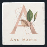 Custom Monogrammed Rose Gold Floral Initial  Stone Coaster<br><div class="desc">The letter A - a beautiful monogram initial in rose gold embellished with an exquisite watercolor floral and geometric shape pattern.  Ideal gift and keepsake idea for your favourite bridesmaid.  Easily customise the name of your choice.</div>