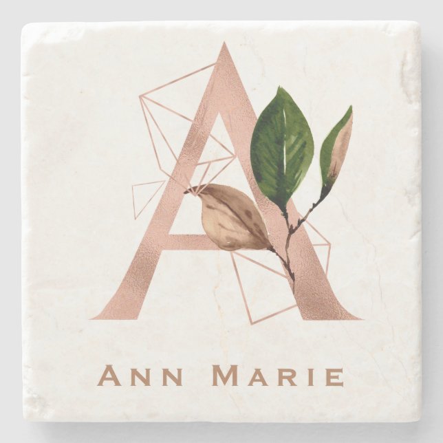 Custom Monogrammed Rose Gold Floral Initial  Stone Coaster (Front)