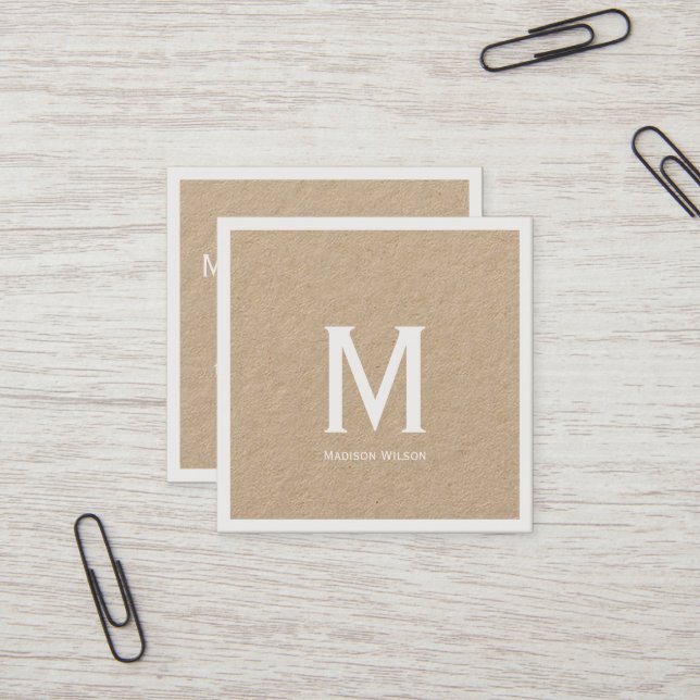 Custom Monogrammed Rustic Kraft Square Business Card (Front/Back In Situ)