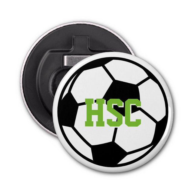 Custom monogrammed soccer ball beer bottle opener (Front)