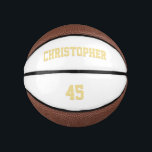 Custom Monogrammed Team Club Player Name Number Mini Basketball<br><div class="desc">Create your own custom, personalised, faux gold elegant stylish typography / script / text / name on white background, mini size, hand stitched basketball. Simply enter the player / team / club / school / college / event / tournament name, and player jersey number, to customise. While you add /...</div>