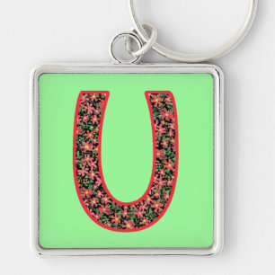 Custom Monogrammed U Keychain, Clematis Pattern Key Ring