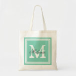 Custom monogrammed wedding party tote bags<br><div class="desc">Custom monogrammed wedding party tote bags. Personalised name monogram tote bag | Mint green or custom colour background. Elegant logo design with letter initials and fancy border frame. Cute vintage gift idea for bride and brides entourage. Make your own for bridesmaid, maid of honour, flower girls, mother of the bride,...</div>