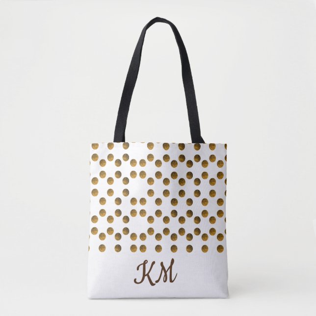 Custom Monogrammed White Golden Dots Tote Bag (Front)