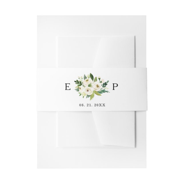 Custom Monogrammed White Roses Greenery Invitation Belly Band (Front Example)