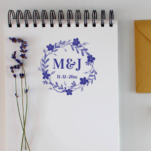 Custom Monograms and Wedding Date Floral Wreath Self-inking Stamp
