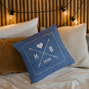 Custom Monograms Love Heart Arrows on Denim Jeans Cushion