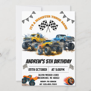Custom Monster Truck Cars Birthday Party For Boys Invitation