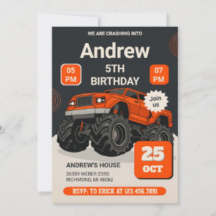 Custom Monster Truck Kids Party Birthday Invitation