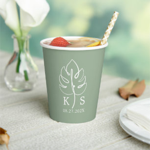 Custom Monstera Monogram Wedding Logo Paper Cups