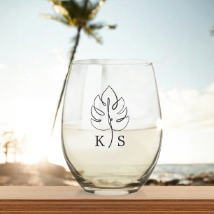 Custom Monstera Monogram Wedding Logo Stemless Wine Glass