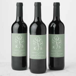 Custom Monstera Monogram Wedding Logo Wine Label