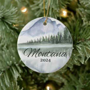 Custom Montana Watercolor Mountain Lake Trees Ceramic Tree Decoration