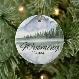 Custom Montana Watercolor Mountain Lake Trees Ceramic Tree Decoration