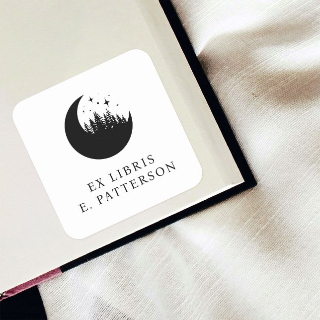 Custom Moon Forest & Stars Ex Libris Bookplate Square Sticker (Creator Uploaded)